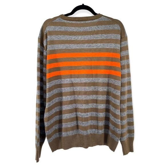 Blair Underwood Men’s Large Modern Fit Orange Brown Striped V-Neck Sweater - Picture 7 of 12